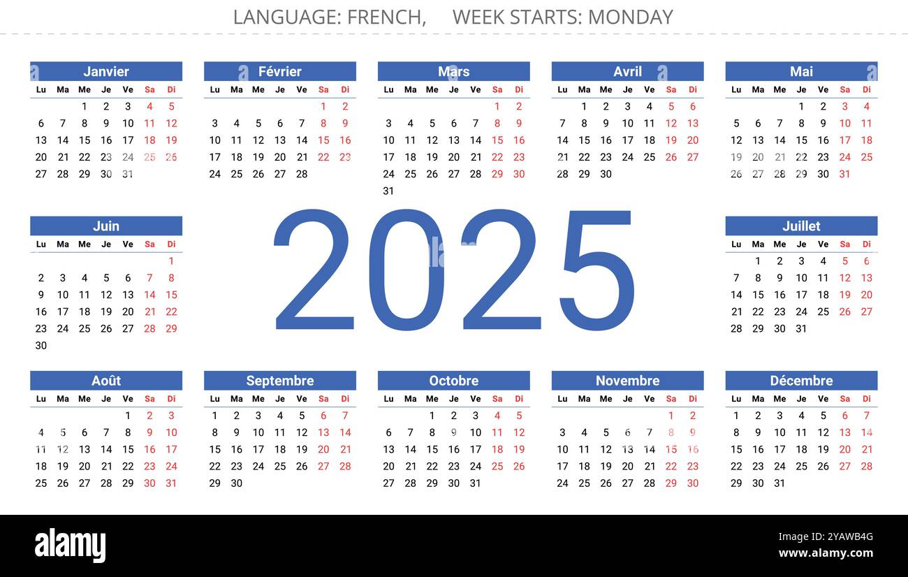2025 french calendar calendrier. Printable vector illustration for France. 12 months in year
