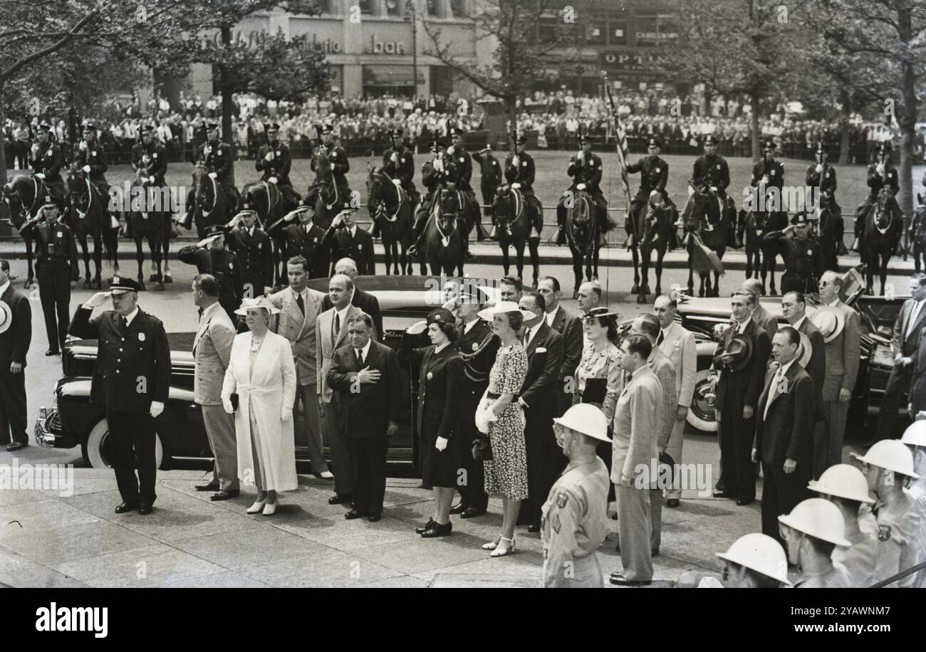 Wilhelmina  31 August 1880 - 28 November 1962) was Queen regnant of the Kingdom of the Netherlands from 1890 to 1948. She ruled the Netherlands for fifty-eight years, longer than any other Dutch monarch. Her reign saw World War I and World War II. Shown here visiting New York and welcomed by Mayor La Guardia. Stock Photo