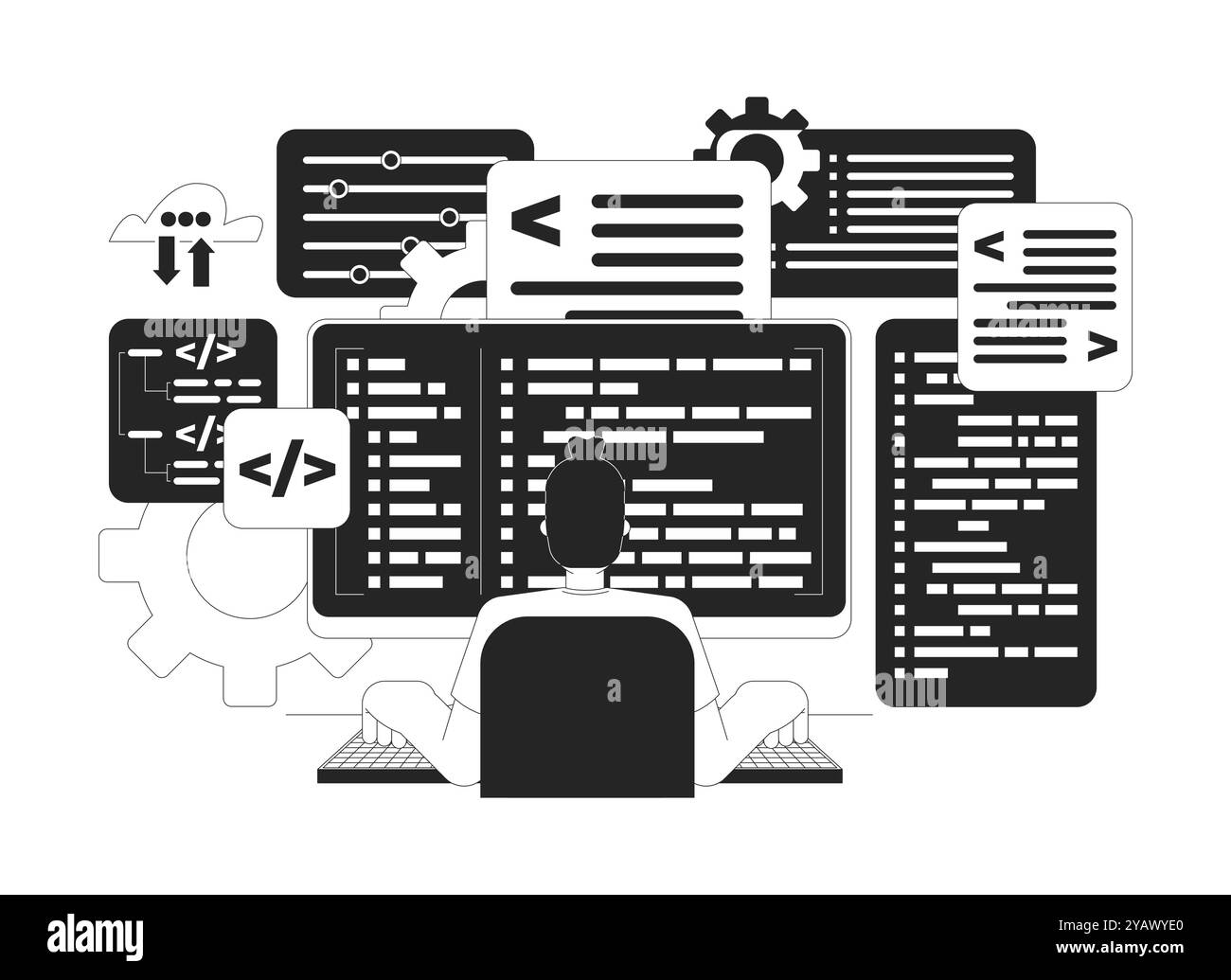 Software developer black and white 2D illustration concept Stock Vector ...