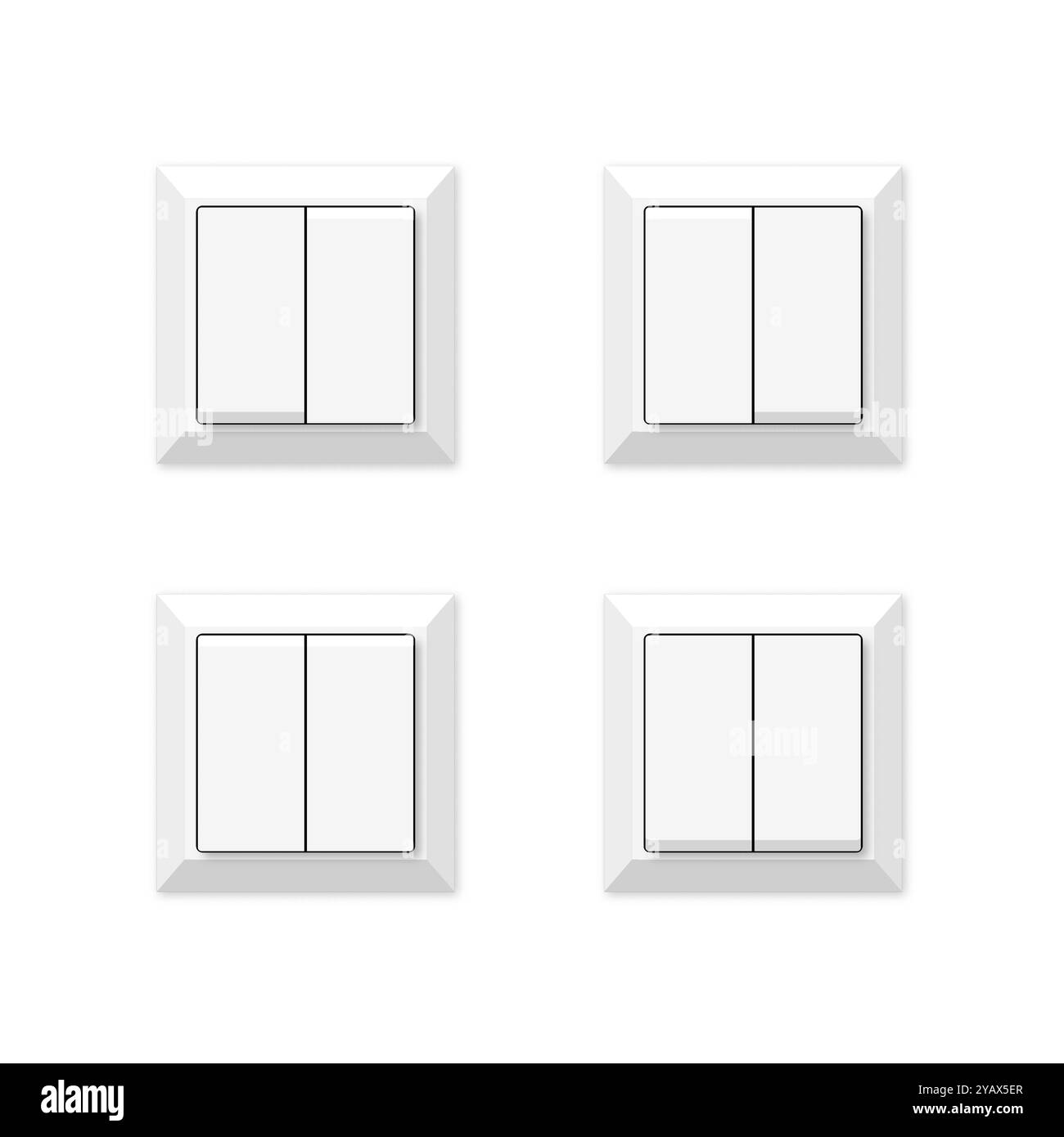 Set of white two-key switches, on and off. Front view, vector ...