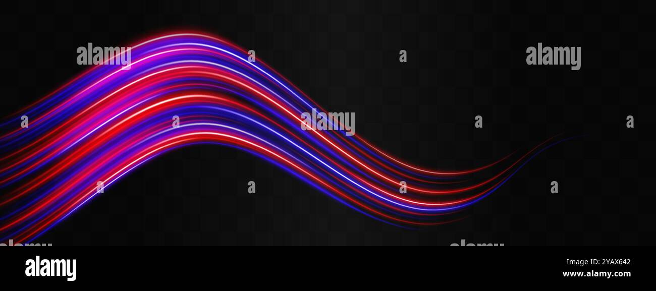 Speed effect. Curved red and blue neon light streaks flowing across a ...