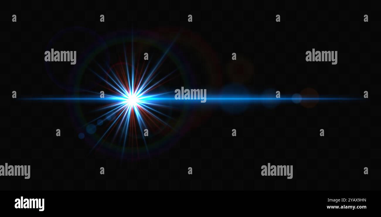 Bright blue glowing light burst with rainbow lens flare on a black ...