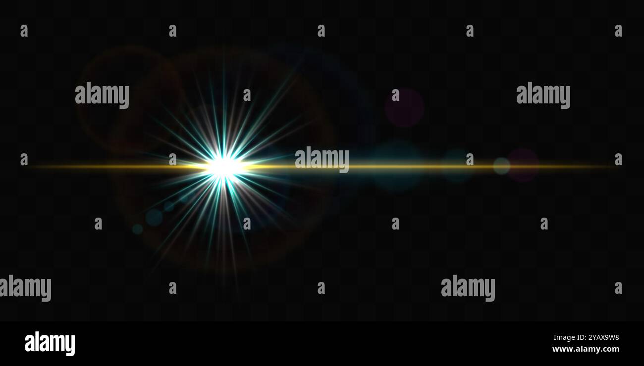 Radiant white and golden light burst with lens flare on a black ...