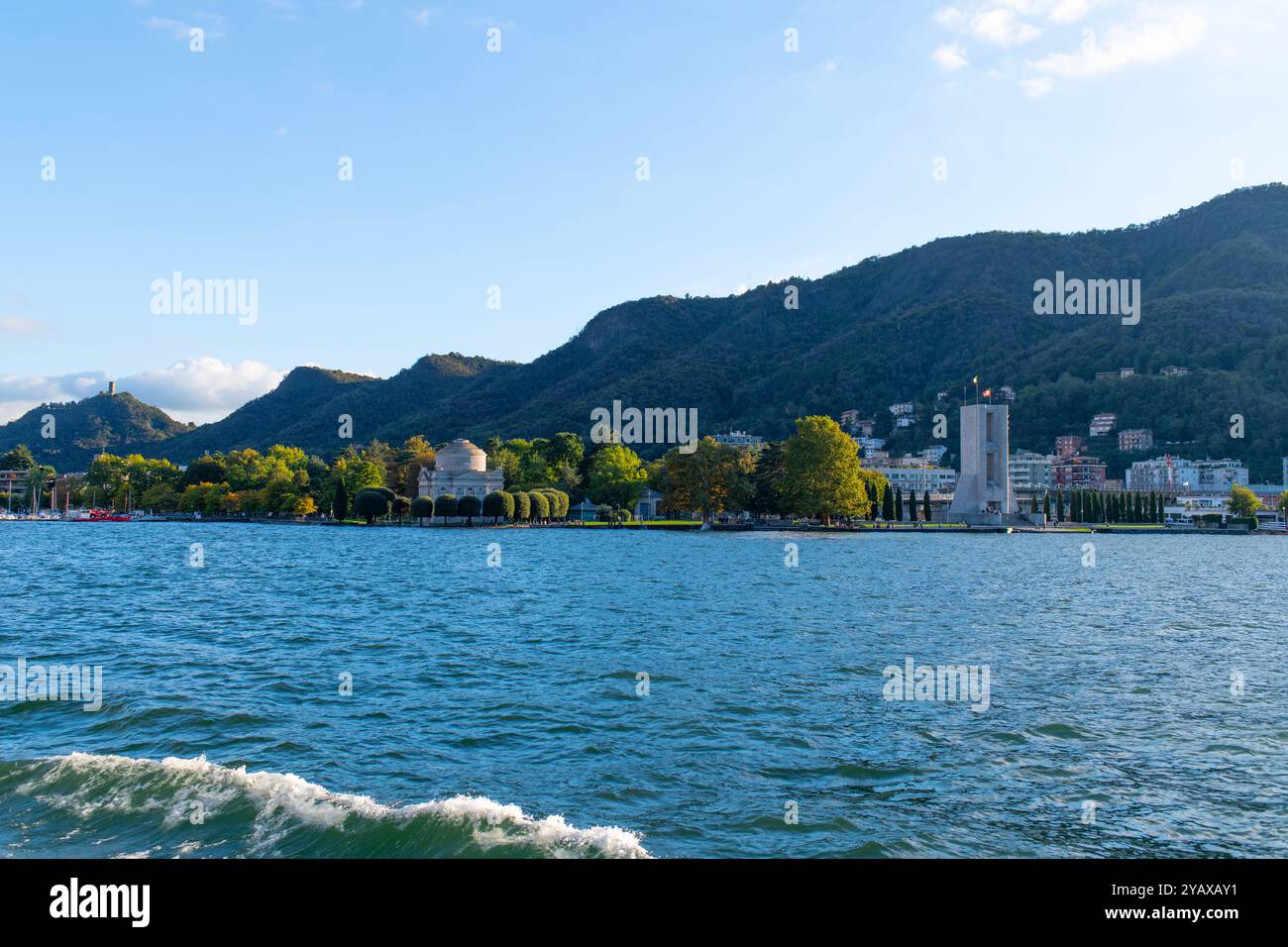 Europe Italy City of Como a view of the monument to Alessandro Volta (left) and the war memorial to WWI fallen sons of Como Stock Photo