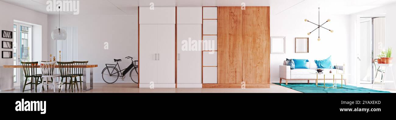 Picture of Panoramic view of scandinavian apartment interior Free Vector