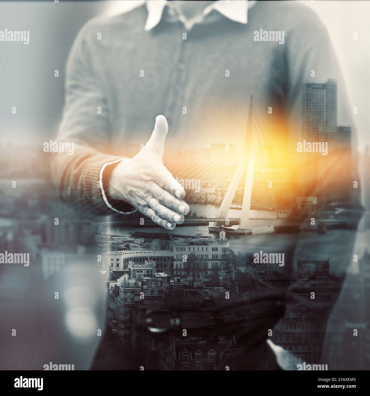 Business person, overlay and man with handshake, city and partnership ...