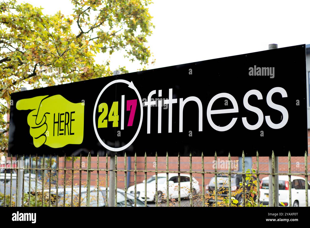 Close up outdoor sign of a Kidderminster gym business: 24/7 fitness. A ...