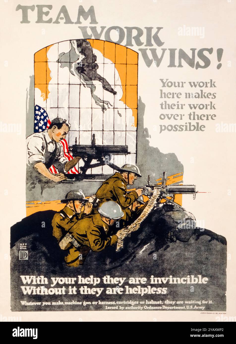 American, US, WW1, Productivity Poster, Team Work Wins!, Your work here makes their work over there possible, poster by Roy Hull Still, 1917-1919 Stock Photo
