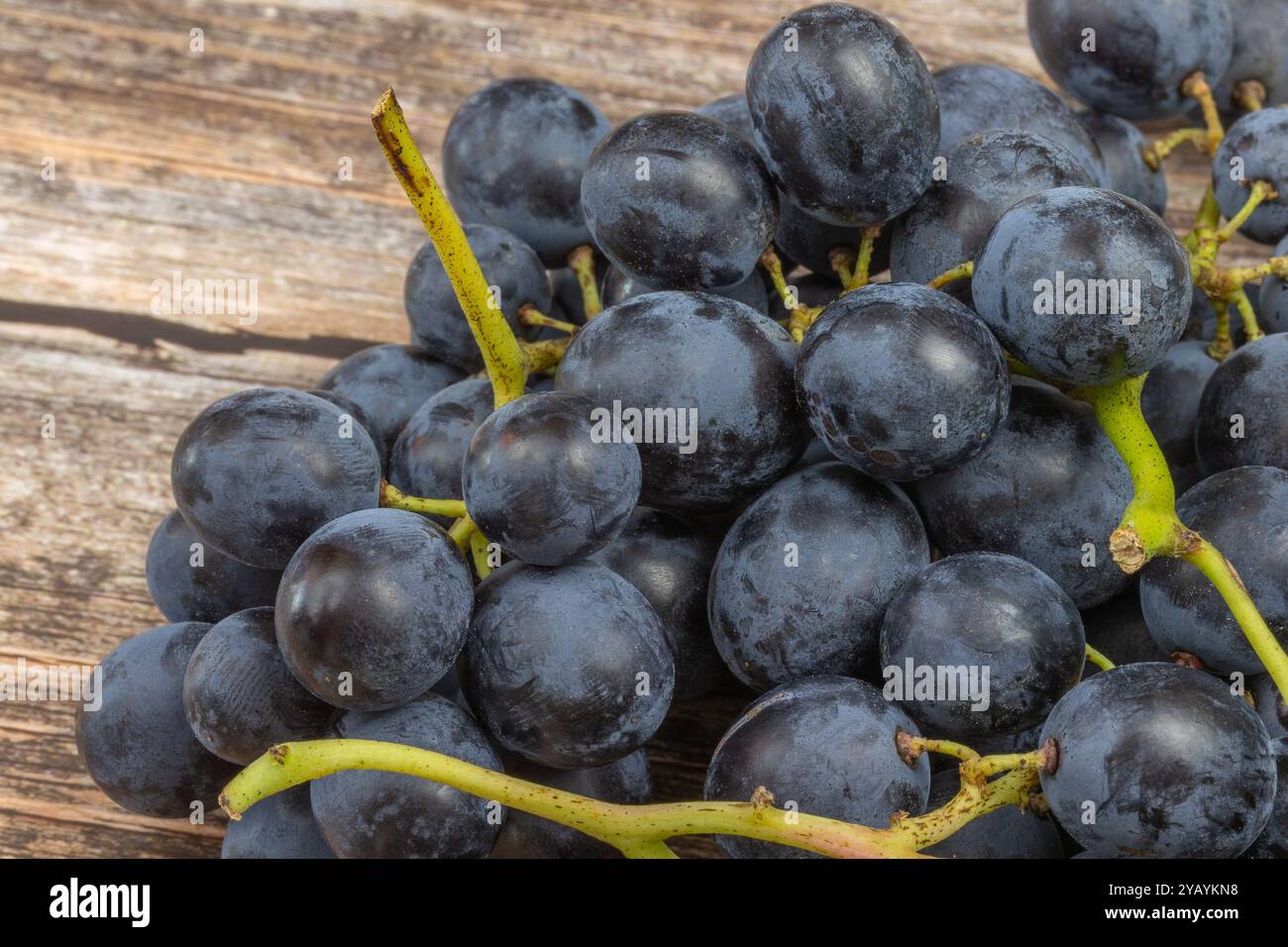 bunch of black grapes, close-up, on a wooden table Stock Photo