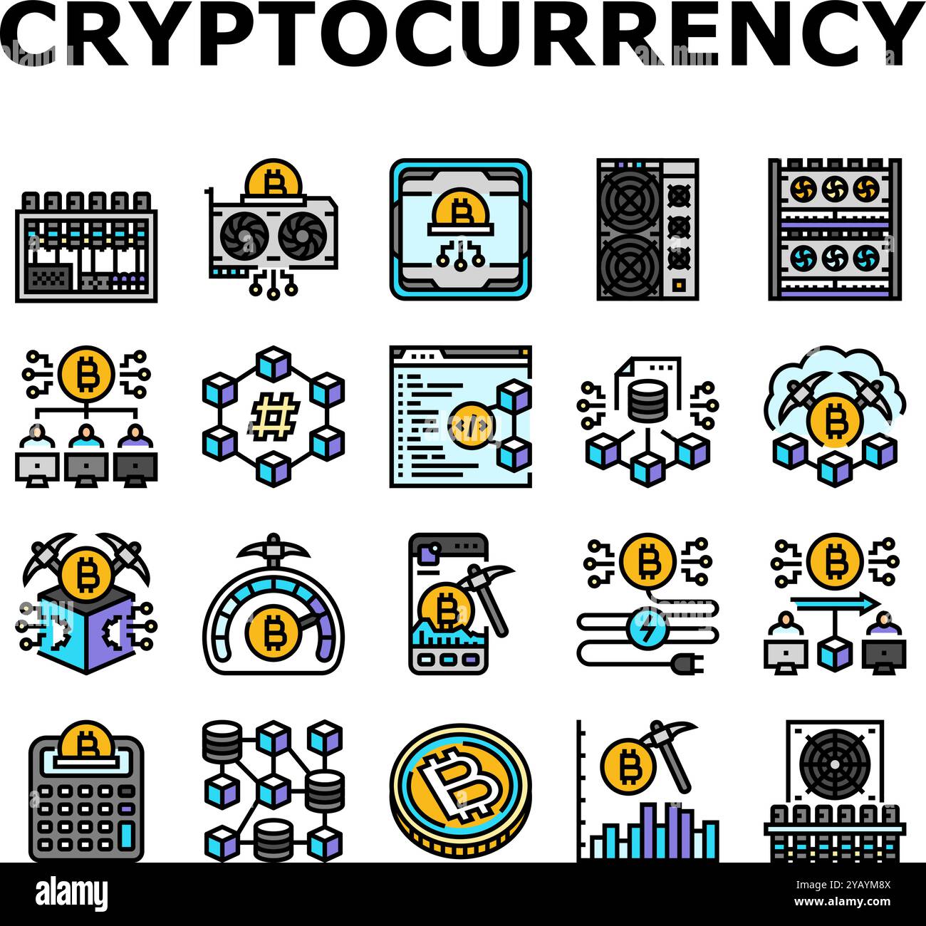 Cryptocurrency mining wallet icons set vector blockchain hashrate hi ...