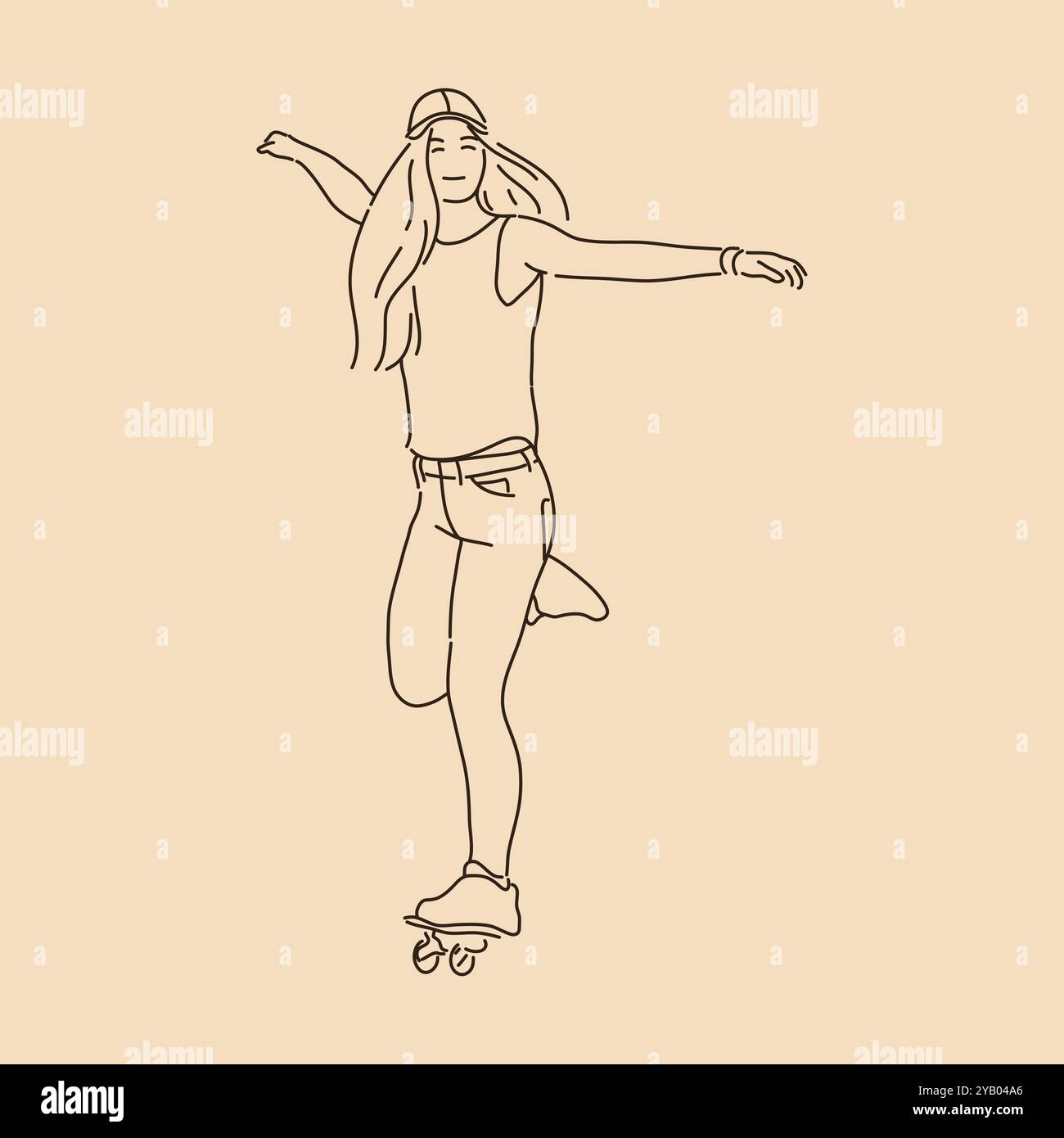 Skateboard girl. Line art drawing. Sketch outline vector illustration Stock Vector