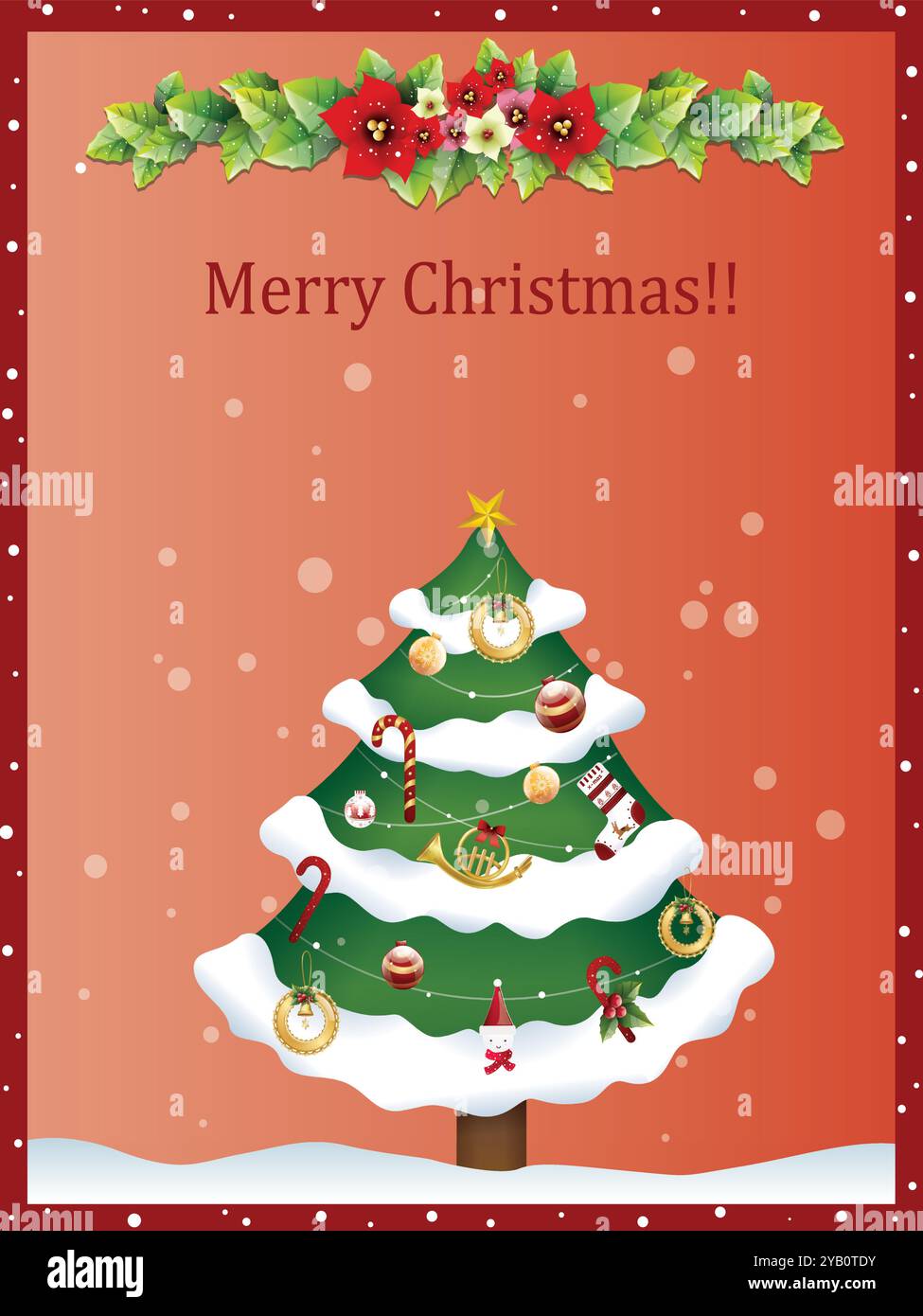 Merry christmas! A green tree with snow on it. A red background. A white flower Stock Vector