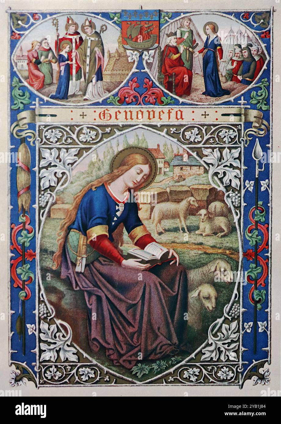 St. Genovefa or Genevieve, chief Patroness of the City of Paris: Showing the Saint seated with a book and surrounded by sheep, above the main image are two vignettes. From a selection of beautiful chromolithographic book plates published in 1926 in Butler’s Lives of the Fathers, Martyrs and Other Saints. Stock Photo