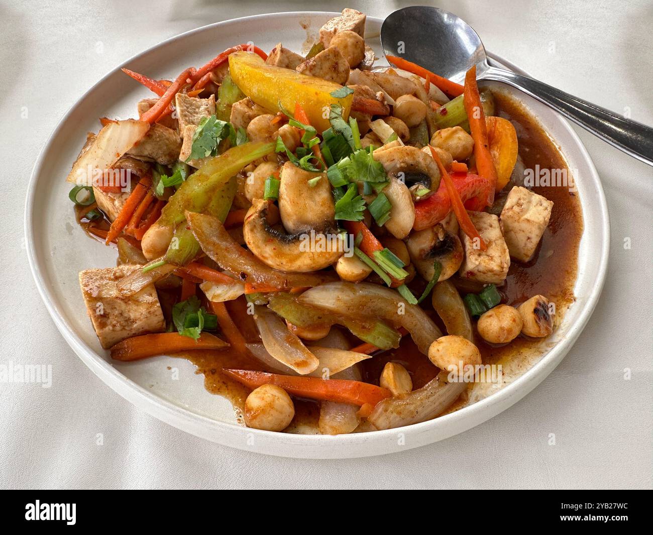 A fresh dish of stir-fried vegetables, consisting of onion, bell pepper, mushroom, celery, tofu, and macadamia nuts in a Thai sauce, is shown up close. - Smartphone Captured Stock Image