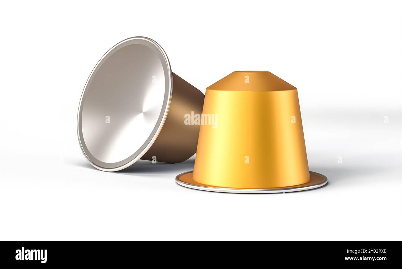 Two 3d coffee espresso capsules on white background Stock Photo