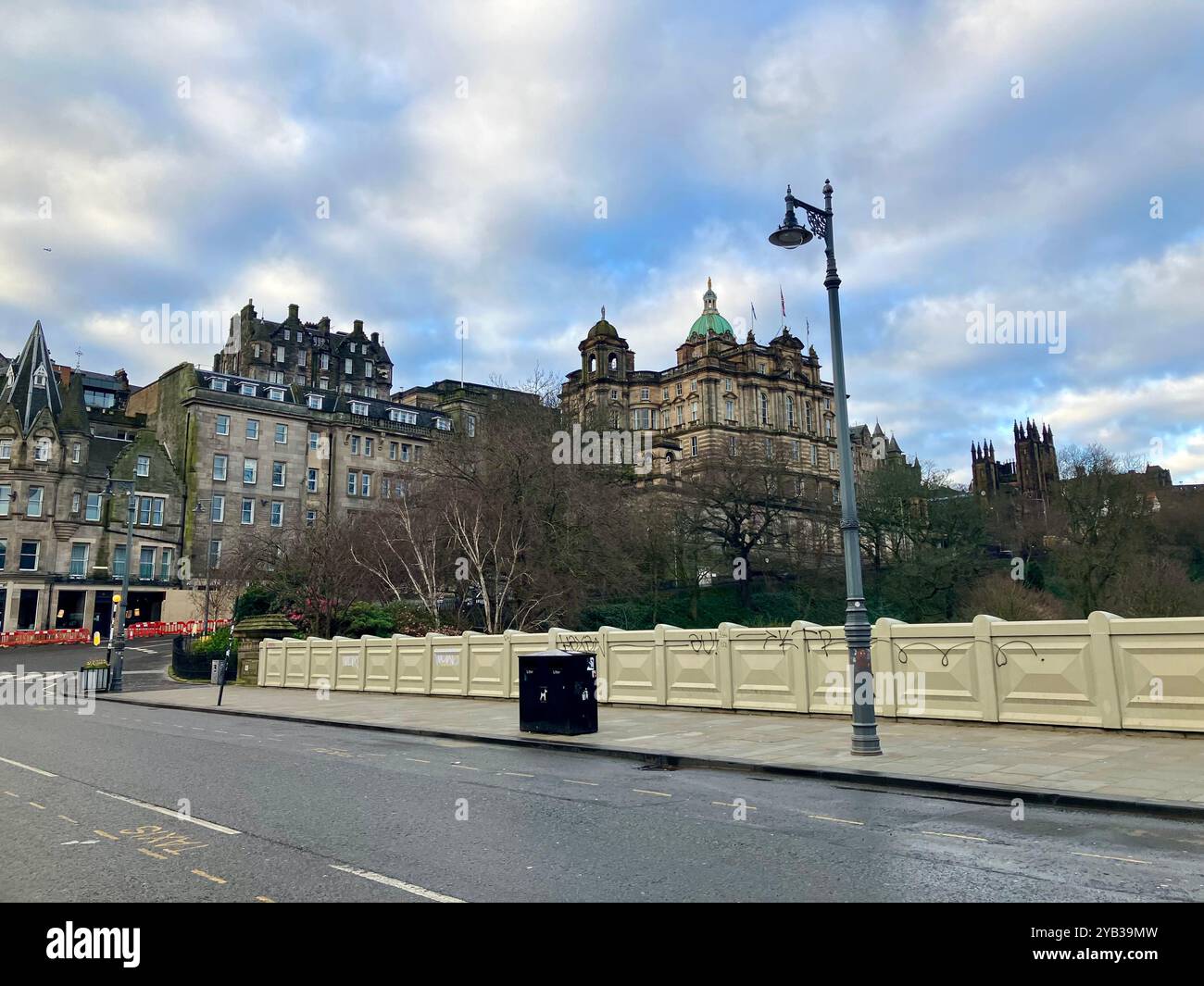 Looking towards the Old Town and Bank of Scotland Head Office from Waverley Bridge. Edinburgh, Scotland, United Kingdom. 16th March 2024. - Smartphone Captured Stock Image