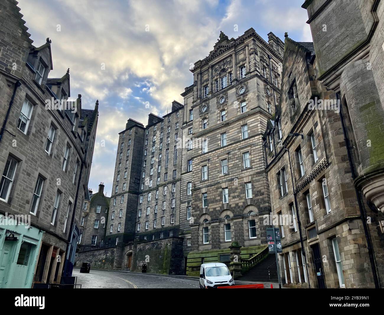 Looking up towards the Edinburgh City Chambers on Cockburn Street. Edinburgh, Scotland, United Kingdom. 16th March 2024. - Smartphone Captured Stock Image