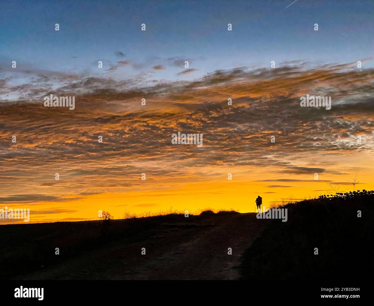 Silhouette of a hiker on a gravel road with a colorful sky behind - Smartphone Captured Stock Image