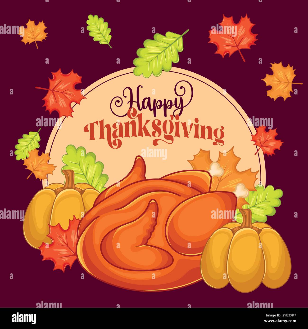 Thanksgiving turkey and pumpkins surrounded by fall leaves, Vector ...