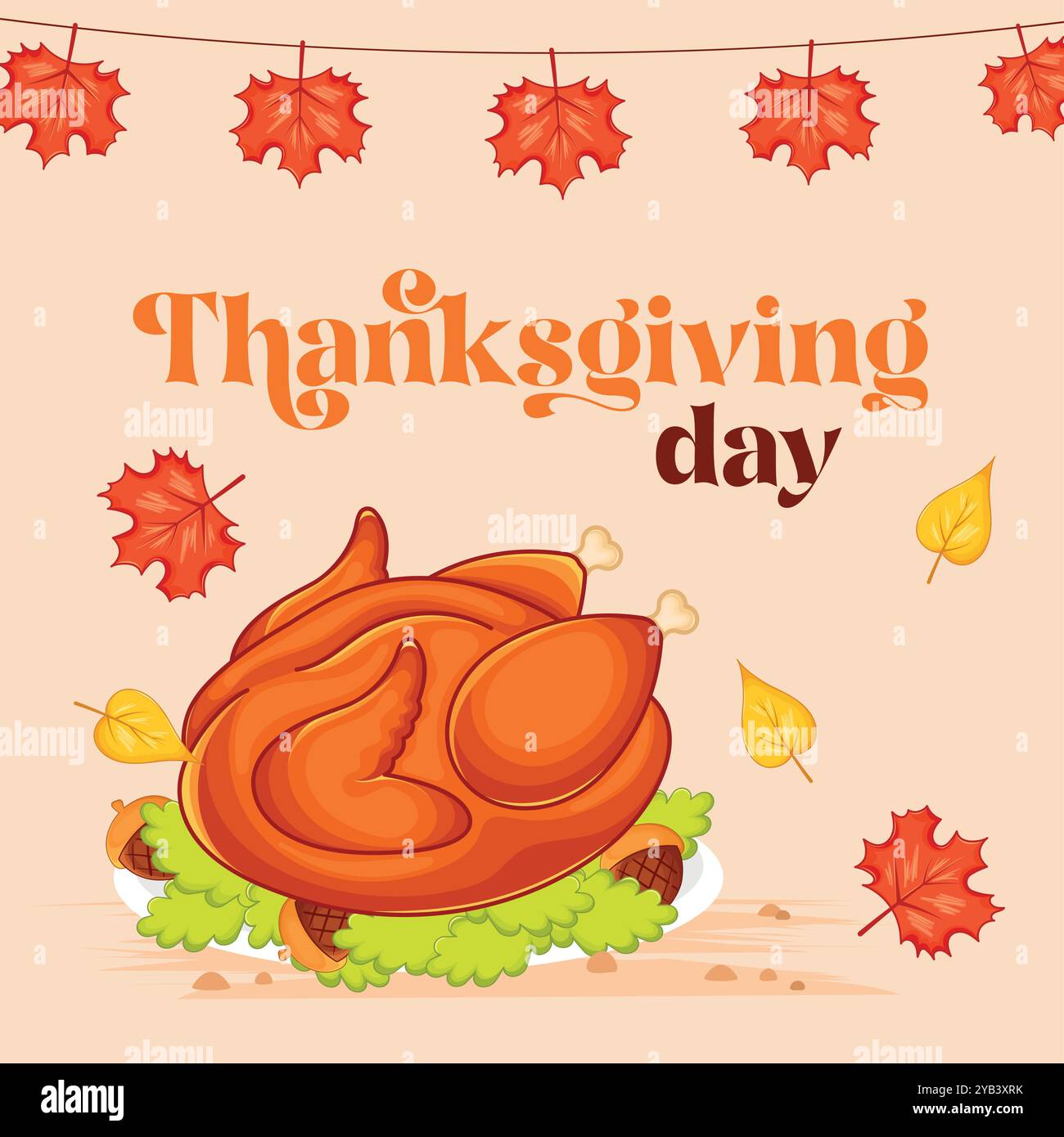Thanksgiving roasted turkey with autumn leaves and greeting, Vector ...