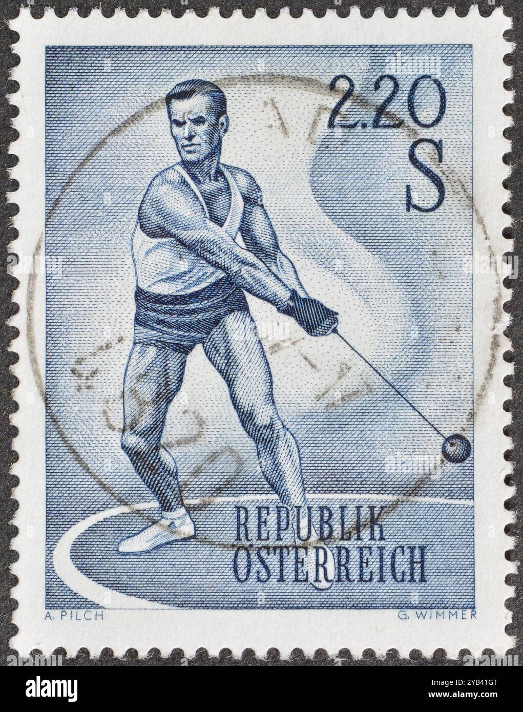 Cancelled postage stamp printed by Austria, that shows Hammer Thrower, circa 1967. Stock Photo