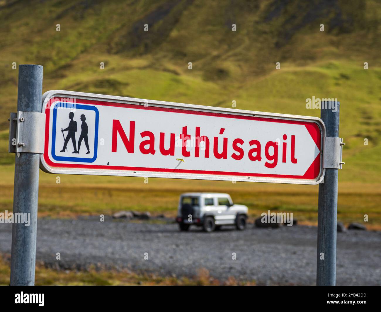 Signpost at parking lot of gorge Nauthusagil, hiking path, Katla Geopark, Iceland Stock Photo