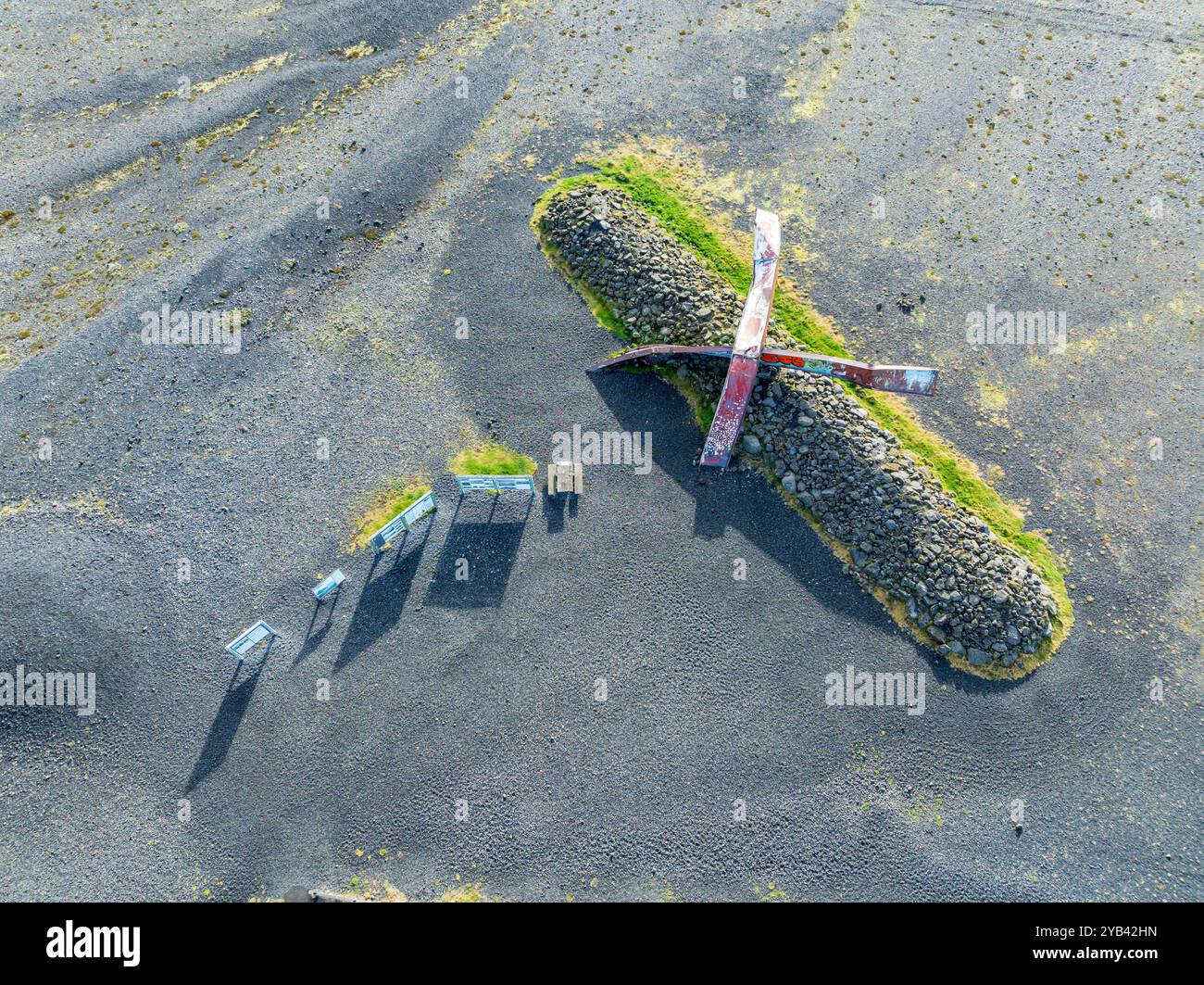 Aerial view of the Skeiðará Bridge Monument viewpoint ,large metal parts of the bridge that was destroyed by the 1996 glacier run, glacier Skaftafellj Stock Photo