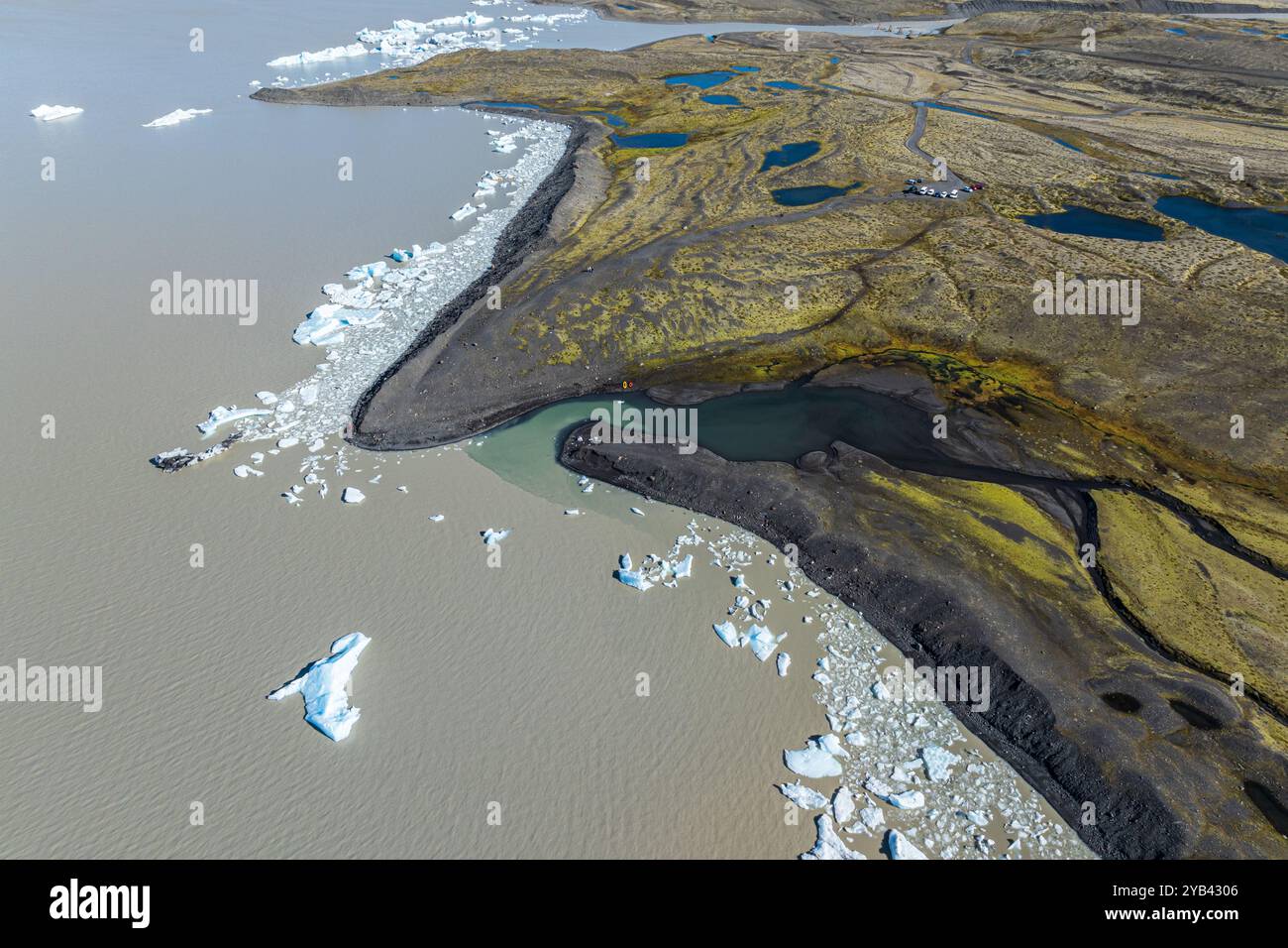 Aerial view over the glacial lake Fjallsárlón, glacier Fjallsjökull, part of Vatnajökull glacier,  Iceland Stock Photo