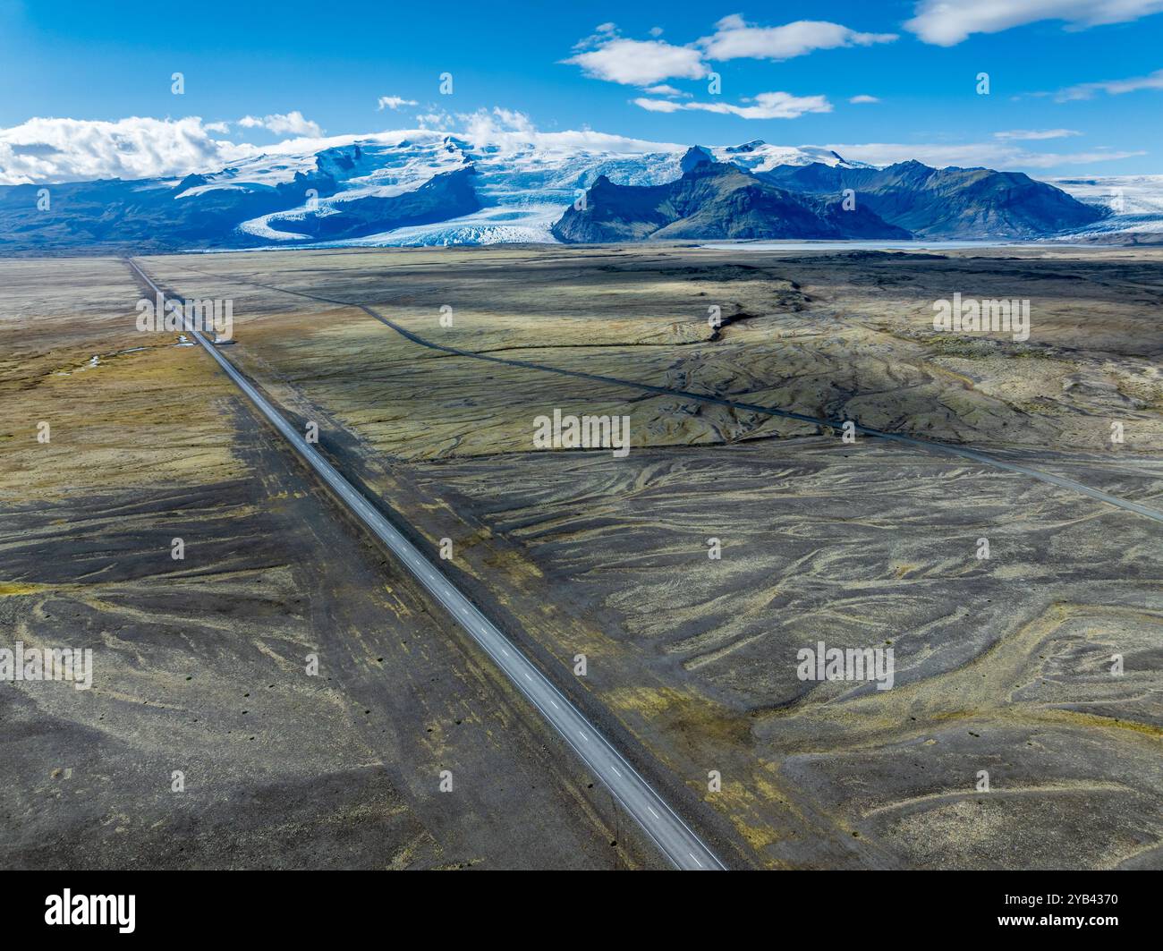 Ringroad no. 1 crossing the glacial floodplains of the Vatnajökull glacier, aerial view, Iceland Stock Photo