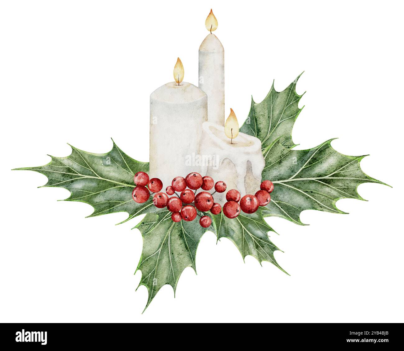 Christmas candles with red Holly berries and green leaves. Watercolor ...