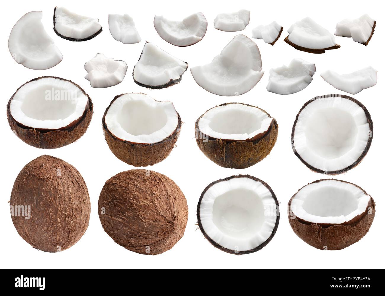 Coconuts isolated on white, collage. Whole and pieces Stock Photo - Alamy