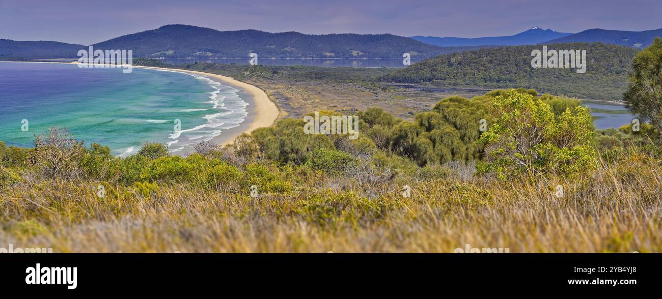 Coastal landscape sandspit and lagoon with heath vegetation and distant ...