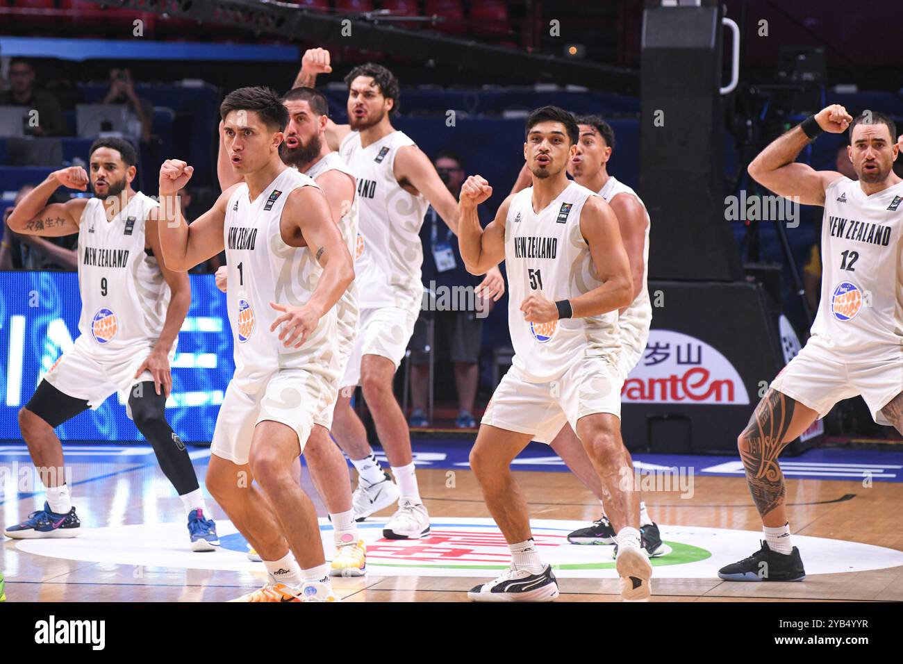 New Zealand basketball team perfoming the haka. FIBA Olympic Qualifying Tournament. Piraeus 2024. Stock Photo