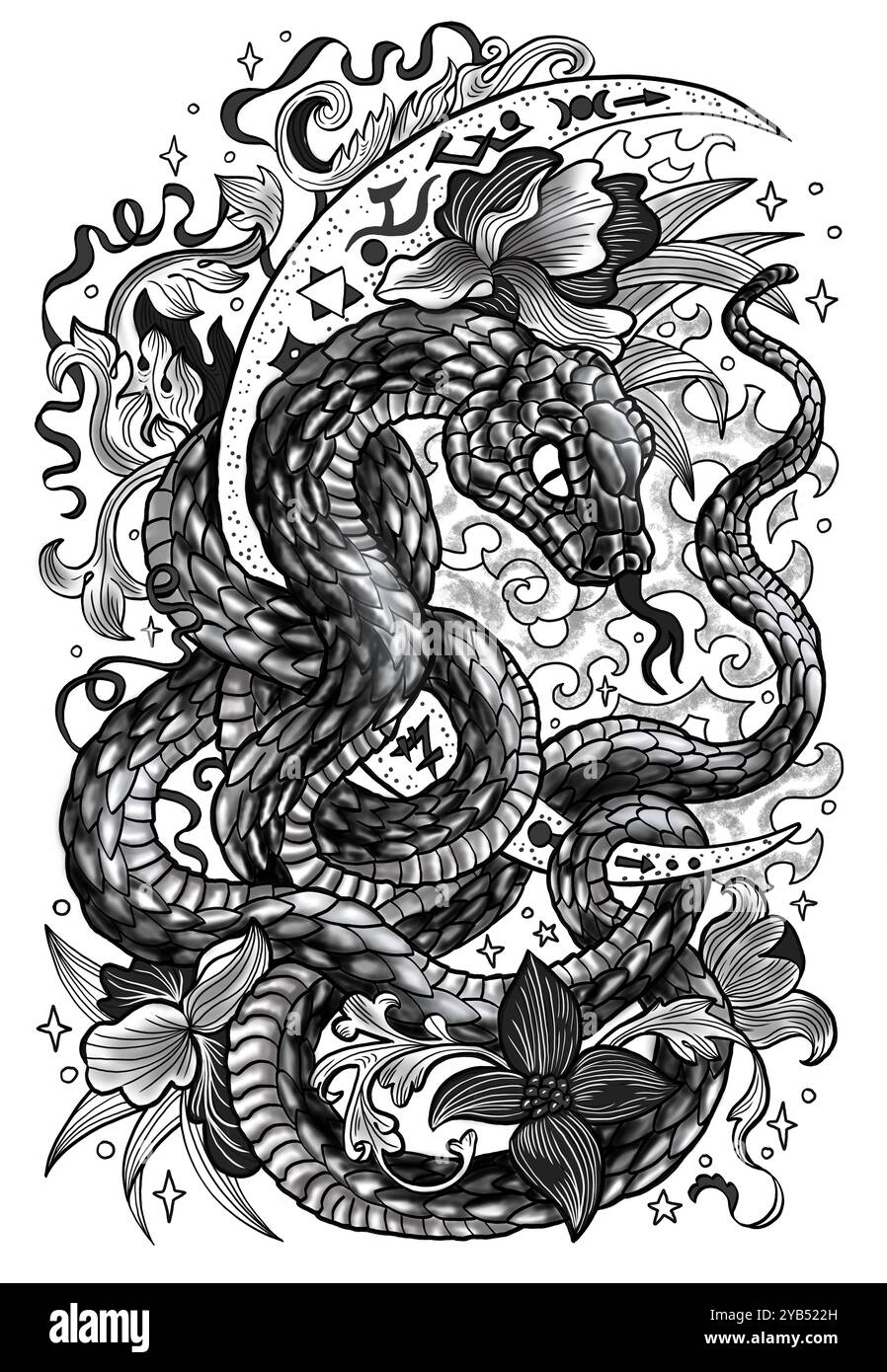 Hand drawn graphic illustration with snake - symbol of the year according to chinese calendar horoscope, moon and flowers. Esoteric, gothic and mystic Stock Photo