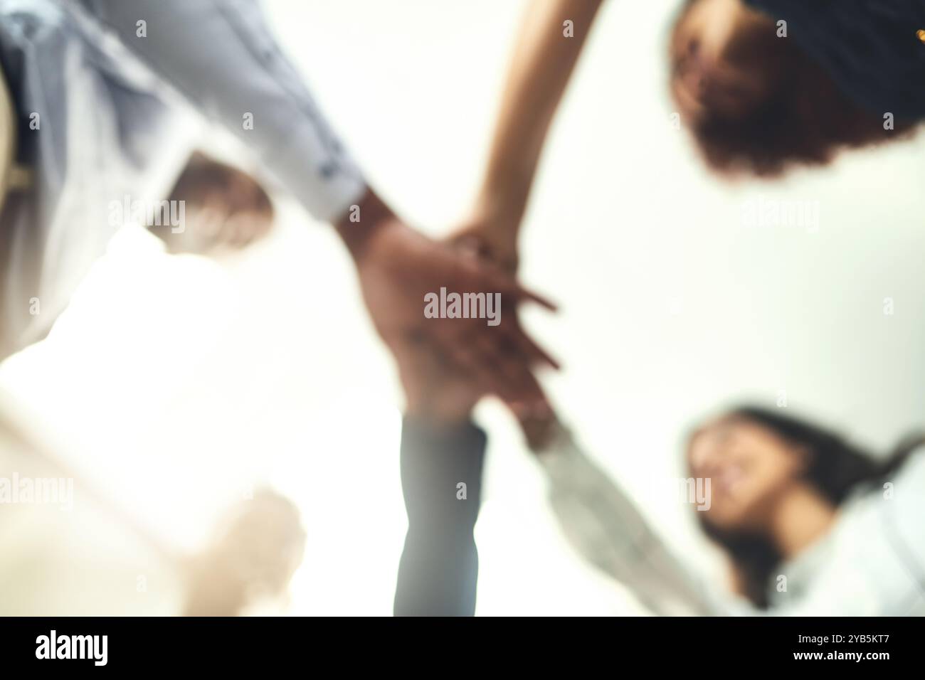Business people, blur and stack of hands in office, team building and ...