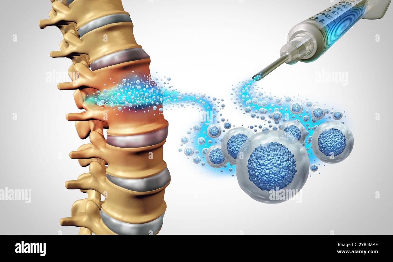 Stem Cell Back Pain as regenerative orthopedic health Medicine and Mesenchymal Cells injected for spinal joint pains to regenerate tissue repair as a Stock Photo