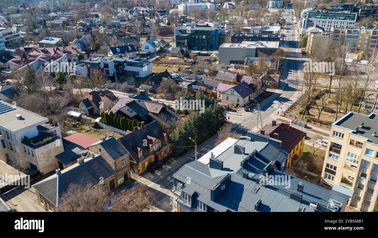 Aerial view of a residential neighborhood with a mix of modern and ...