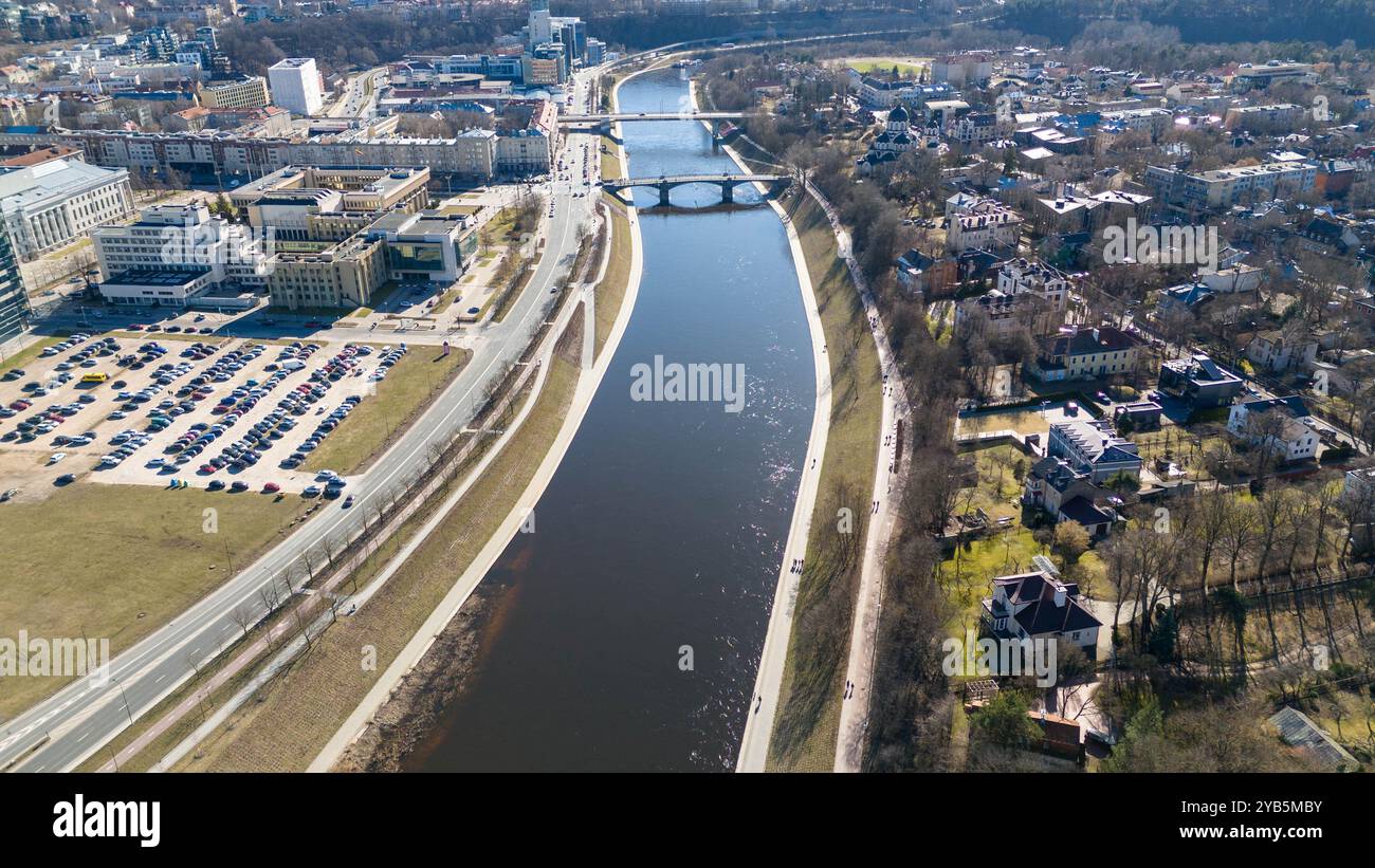 Aerial view of a river running through a city with bridges and ...