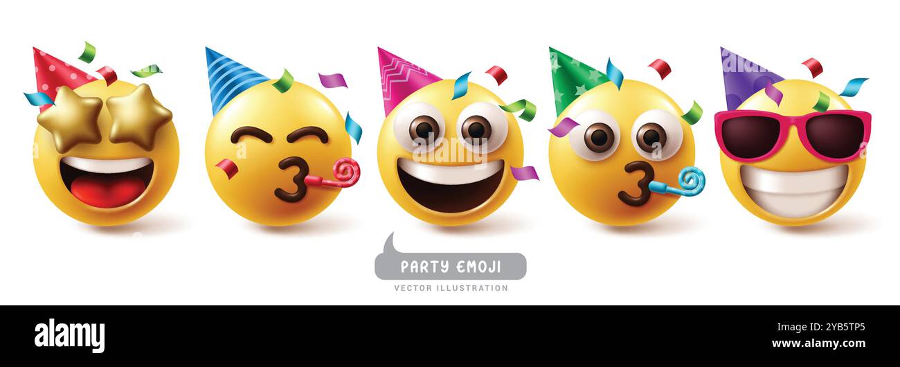 Emojis party birthday emoticon characters vector set. Emoji emoticon birthday clown, mascot, costume, happy, smiling and wearing hat character Stock Vector