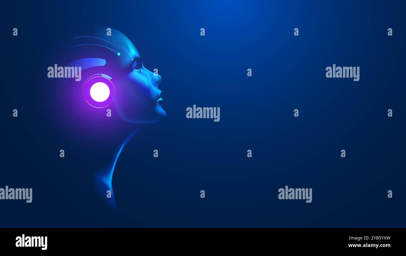 AI. Artificial intelligence in human face or head concept. Artificial neural network in image woman head looking at up. AI mind. Stock Vector