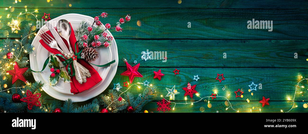 Christmas Dinner - Table Setting With Silverware And Decorations for Menu. Stock Photo