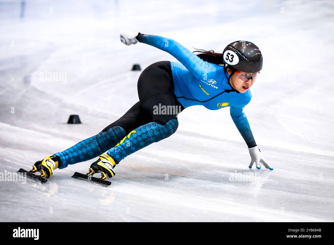Dresden, Germany, February 02, 2019: Kazakh speed skater Iong A Kim competes during the ISU Short Track Speed Skating World Championship Stock Photo