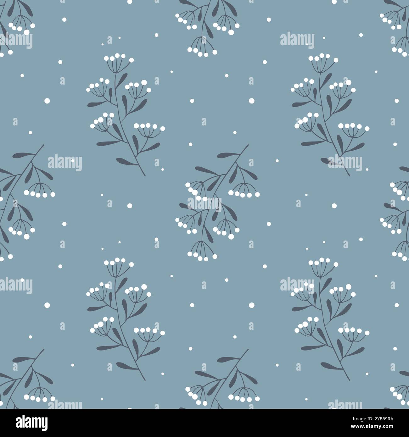 Winter New Year cold pattern with branches and snow, blue branches with white berry on blue background. Vector illustration Stock Vector