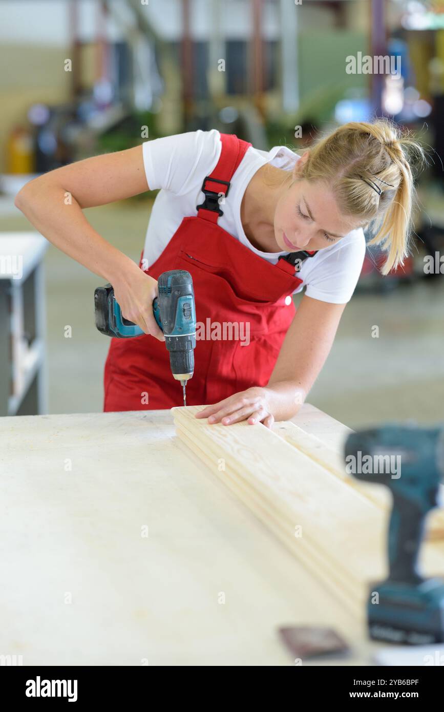 female constractor working and using screwdriver Stock Photo