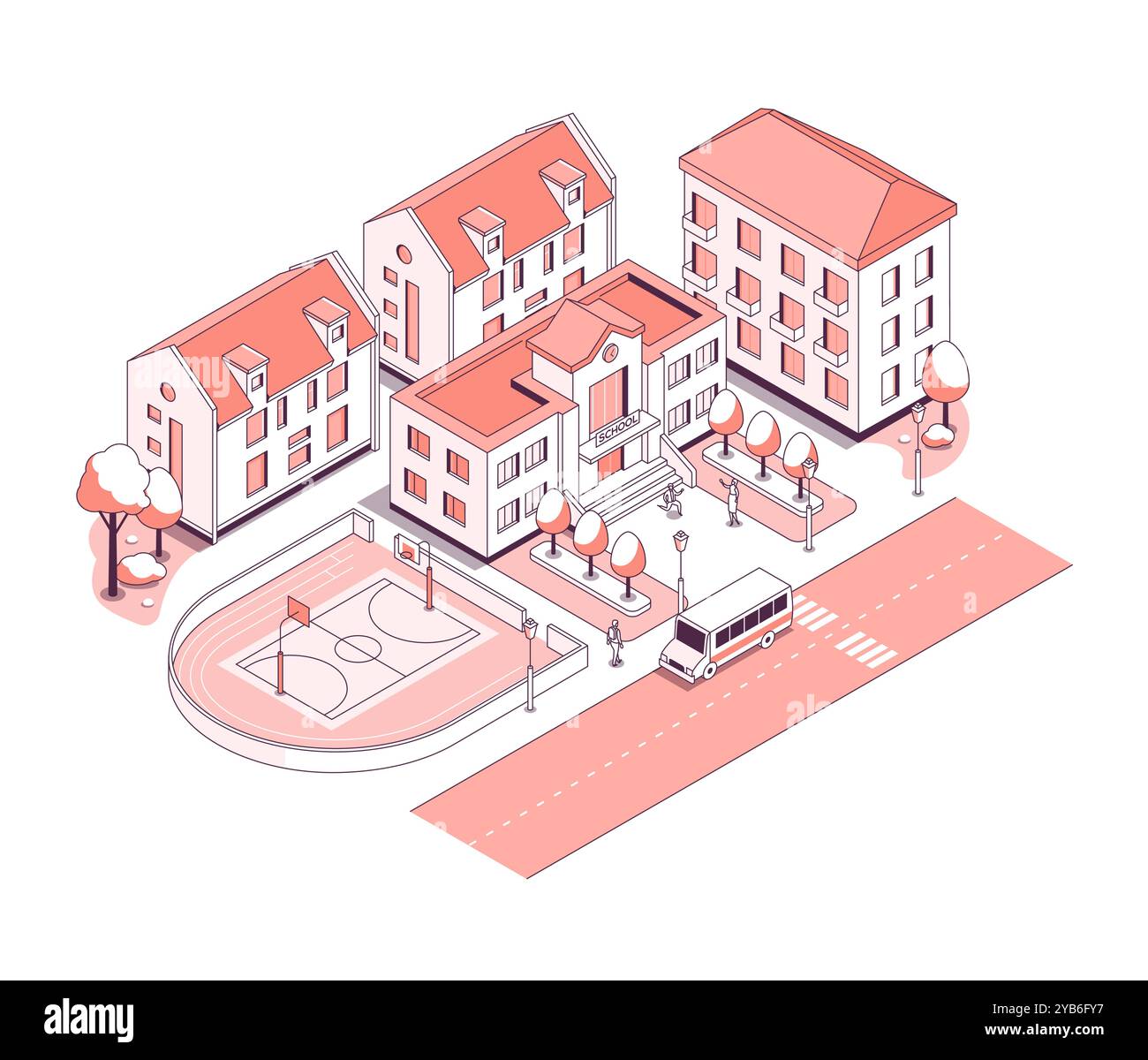 City school and apartment buildings - vector isometric illustration ...