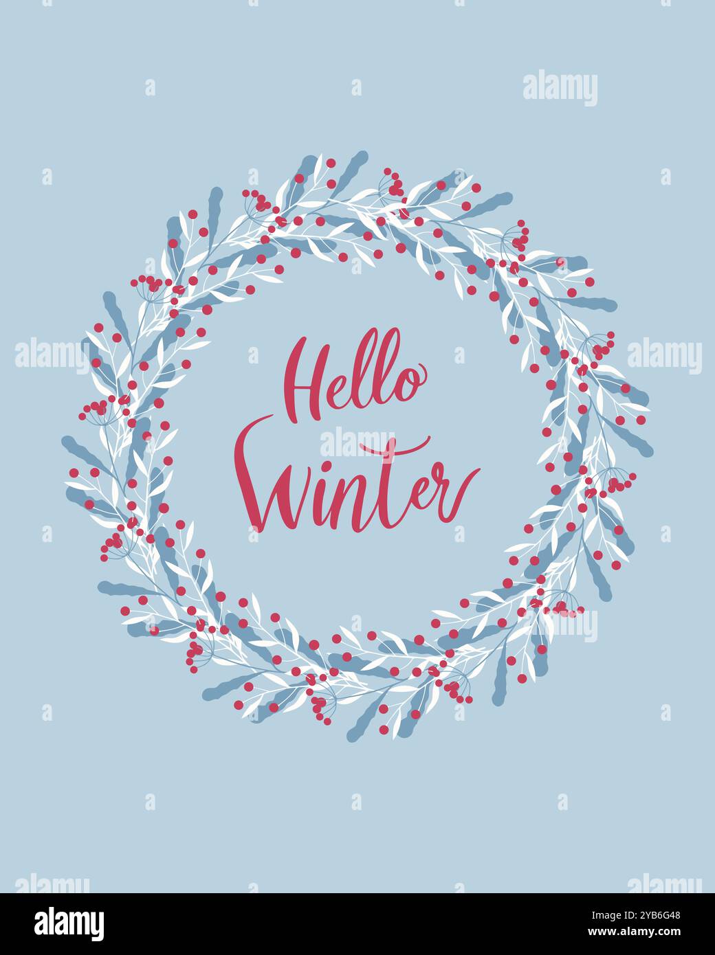 Hello Winter red text lettering in round wreath of doodle branches with ...