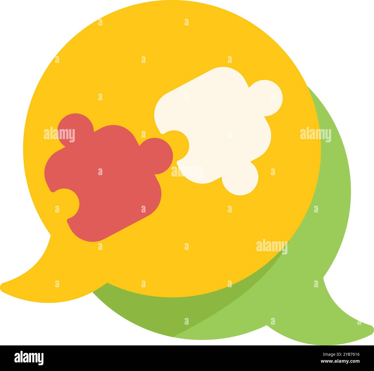 Two puzzle pieces connecting inside a speech bubble, symbolizing teamwork and collaboration Stock Vector