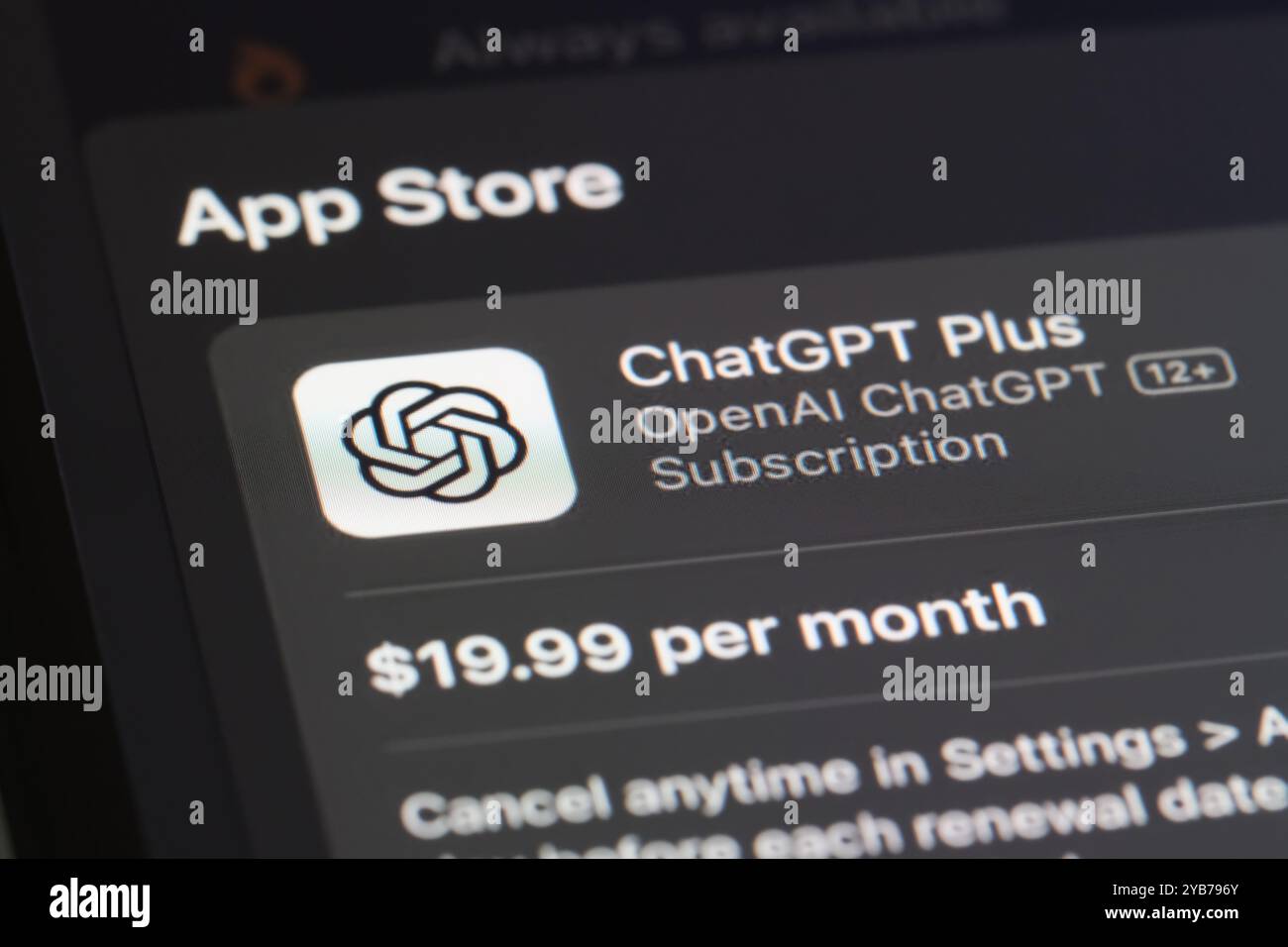 close up ChatGPT Plus app icon and subscription on the App Store Stock Photo