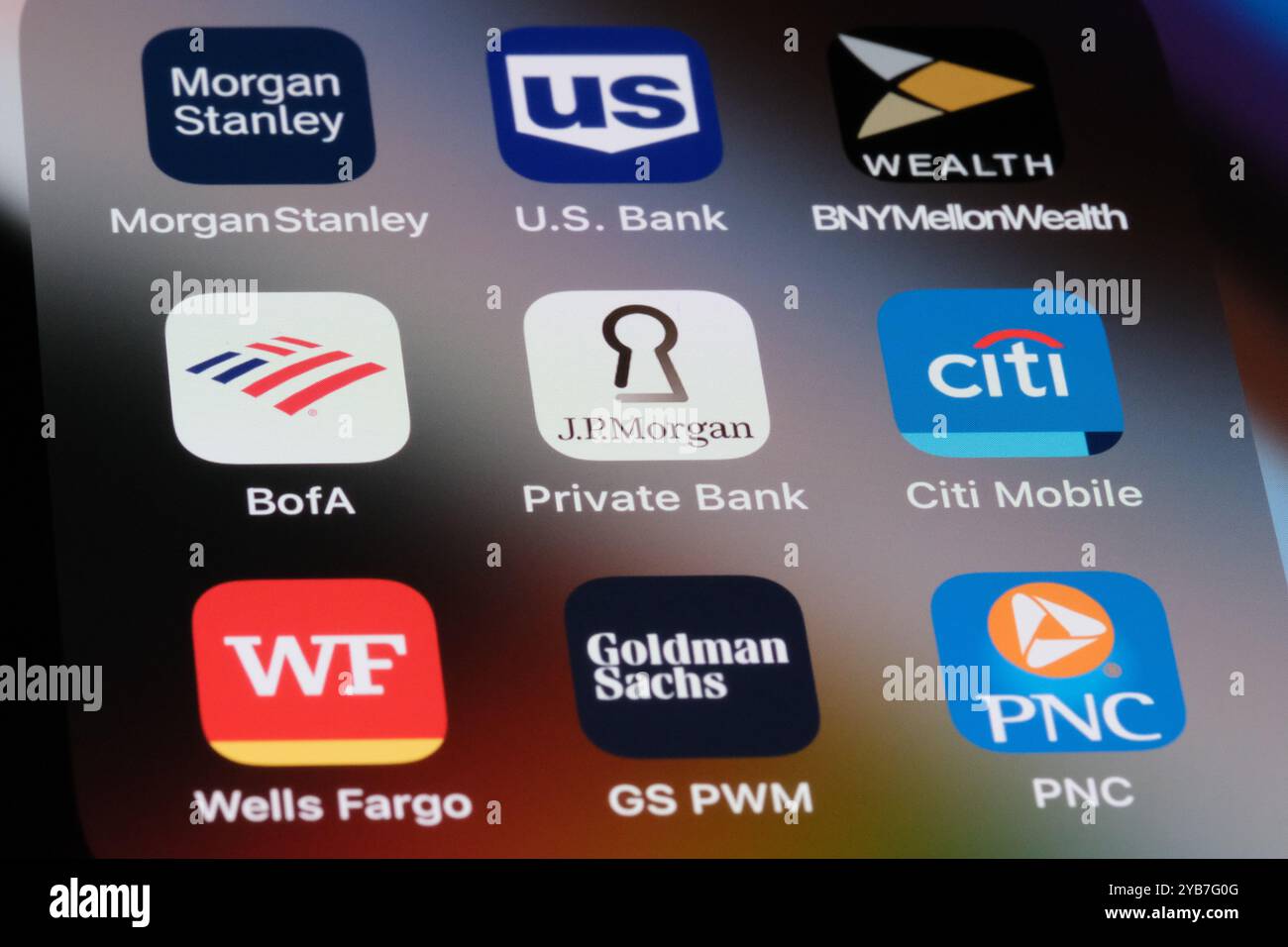 J.P. Morgan, BofA, Citibank, Morgan Stanley, U.S. Bank, BNY Mellon, Wells Fargo, Goldman Sachs and PNC. Assorted American bank and financial service Stock Photo