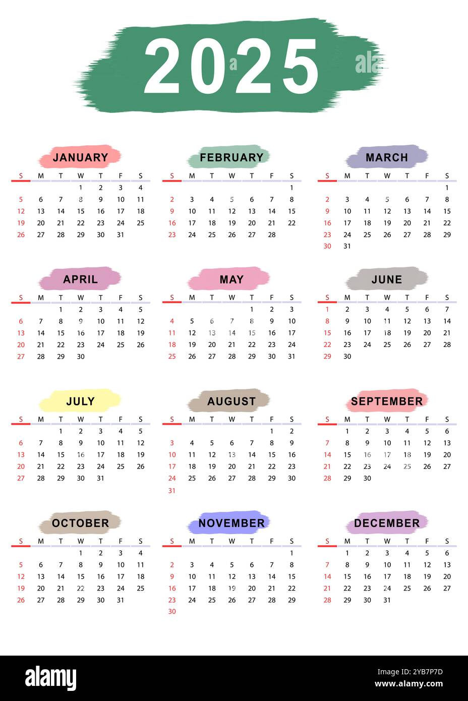 2025 monthly calendar template. Sunday start. Vector design Stock